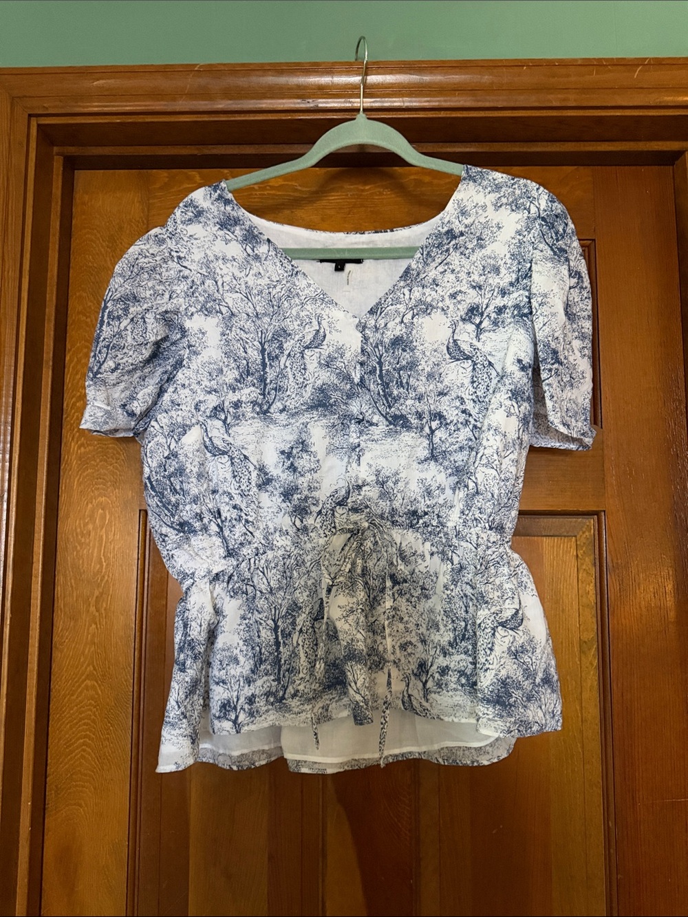 1. State White and Blue Scenic V-Neck Peplum Top